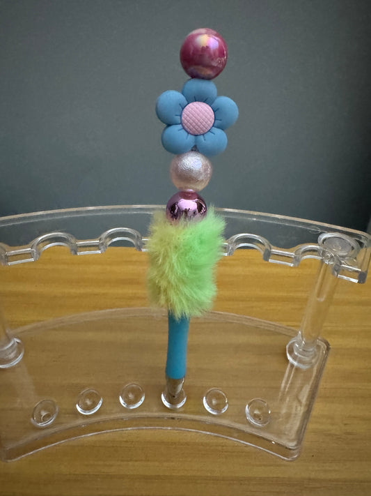 Rainbow Fluffy Floral Beadable Pen ~ Premade