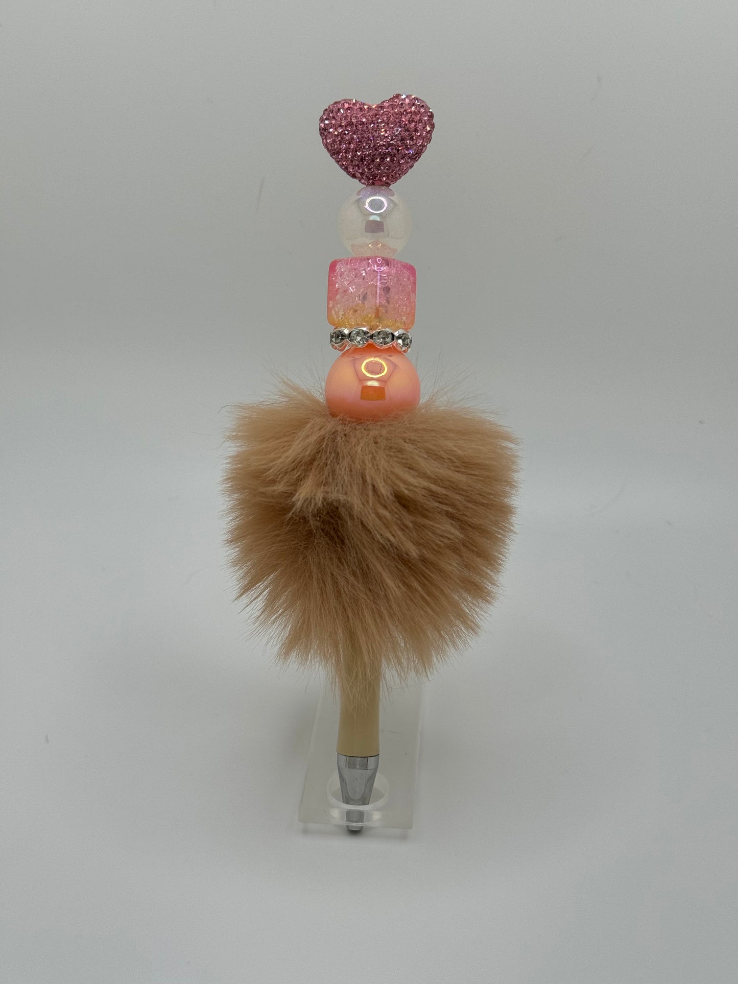 Beige Fluffy Heart Beadable Pen ~ Premade