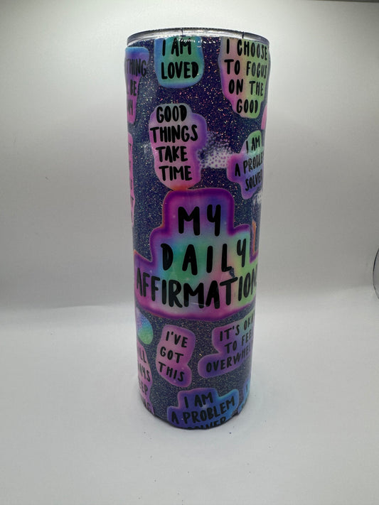 20oz Skinny Purple Glitter Affirmations Tumbler