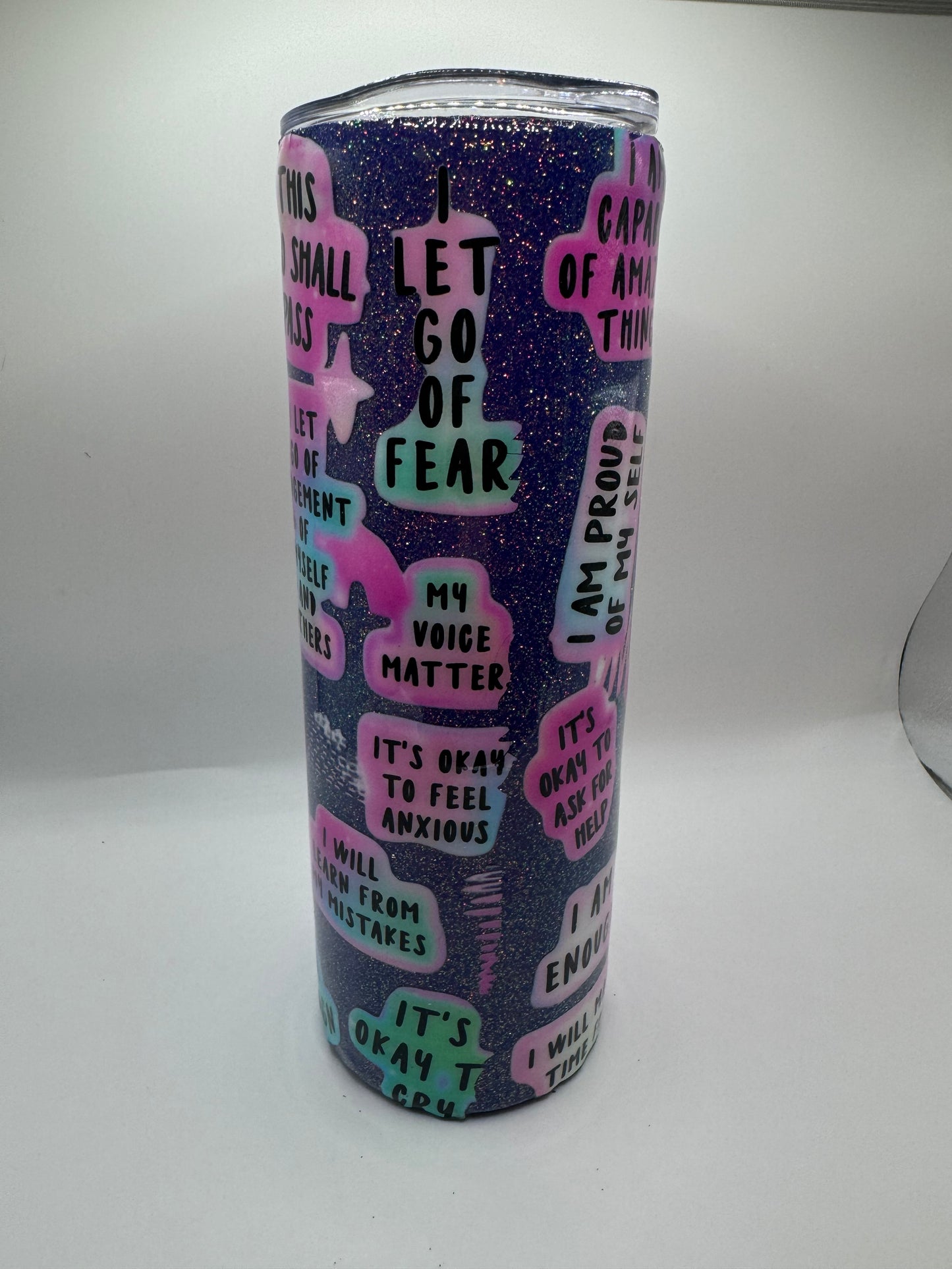 20oz Skinny Purple Glitter Affirmations Tumbler